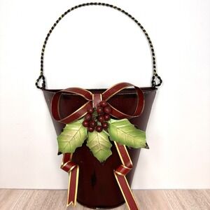 Vintage Metal Wall Pocket Christmas Decor Basket Holly Berries Hanging
